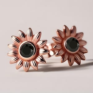 14K Rose Gold 925 Silver Round Black Onyx Flower Earrings Engagement Gift Wedding Earrings Birthday Gift Floral Earrings Flower Studs
