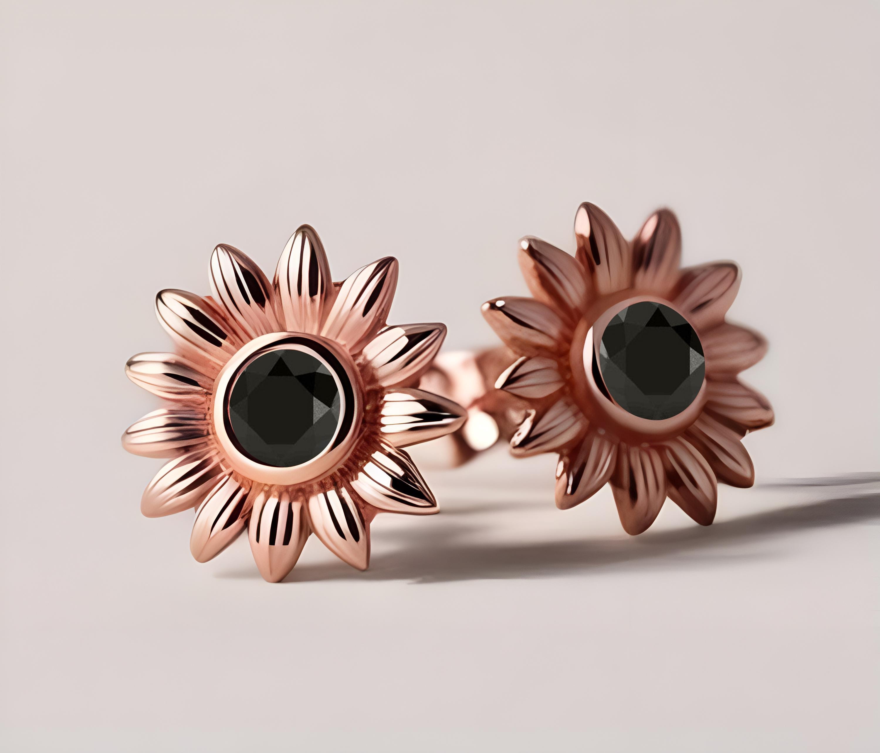 14K Rose Gold 925 Silver Round Black Onyx Flower Earrings Engagement Gift Wedding Earrings Birthday Gift Floral Earrings Flower Studs