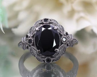 925 Silver Black Rhodium Handmade Oval Black Onyx Ring Gothic Ring Art Deco Ring Engagement Ring Ready To ship Ring Statement Ring For Love