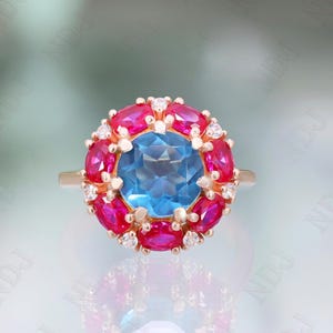 14K Rose Gold 925 Silver Round London Blue Topaz Ring Engagement Ring Gift For Wife Ring Wedding Ring Birthday Gift Art Deco Halo Ring