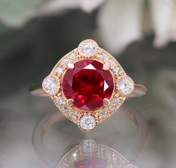 14K Rose Gold 925 Silver Round Ruby Ring Engagement Ring Gift for