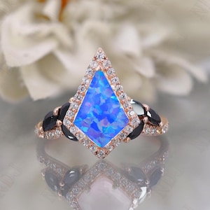 14K Rose Gold 925 Silver Kite Blue Opal Ring Engagement Ring Gift For Wife Fire Opal Halo Ring Wedding Ring Birthday Anniversary Gift