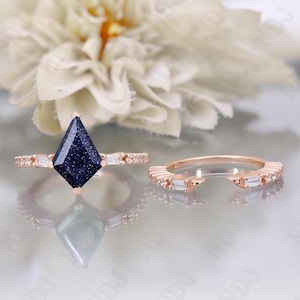 14K Rose Gold 925 Silber Kite Natürliche Blauer Sandstein Ring Set Verlobungsring Set Geschenk für Frau Hochzeit Ring Set Geburtstag Jahrestag Geschenk