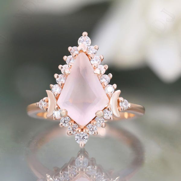 Anillo de compromiso de cuarzo rosa natural con forma de cometa en plata 925 y oro rosa de 14 quilates, regalo para esposa, anillo de halo, anillo de bodas, regalo de cumpleaños y aniversario.