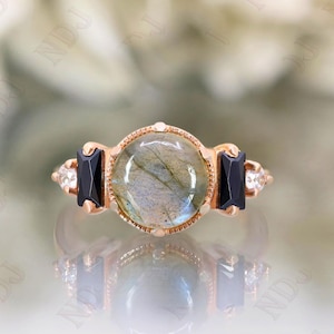 Anillo de compromiso de labradorita en plata 925 y oro rosa de 14 quilates, regalo para esposa, anillo Art Deco, anillo de bodas, regalo de aniversario de cumpleaños, anillo de promesa