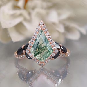 925 Silver 14K Rose Gold Plated Kite Moss Agate Engagement Ring Gift For Wife Art Deco Ring Wedding Ring Birthday Anniversary Gift