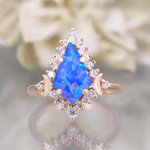 14K Rose Gold 925 Silver Kite Blue Opal Ring Engagement Ring Gift For Wife Fire Opal Halo Ring Wedding Ring Birthday Anniversary Gift
