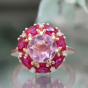 Bague de fiançailles ronde morganite rose en argent 925 plaqué or rose 14 carats cadeau pour femme bague art déco bague de mariage anniversaire cadeau d&#39;anniversaire