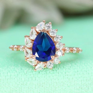 925 Silver 14K Rose Gold Plated Pear Blue Sapphire Engagement Ring Gift For Wife Art Deco Ring Wedding Ring Birthday Anniversary Gift