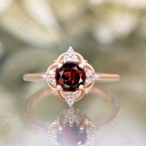 14K Rose Gold 925 Silver Round Natural Red Garnet Ring Engagement Ring Gift For Wife Ring Wedding Ring Birthday Gift Dainty Promise Ring