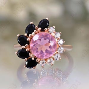 Bague de fiançailles ronde morganite rose en argent 925 plaqué or rose 14 carats cadeau pour femme bague art déco bague de mariage anniversaire cadeau d&#39;anniversaire
