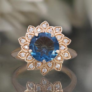 14K Rose Gold 925 Silver Round London Blue Topaz Ring Engagement Ring Gift For Wife Ring Wedding Ring Birthday Gift Art Deco Halo Ring