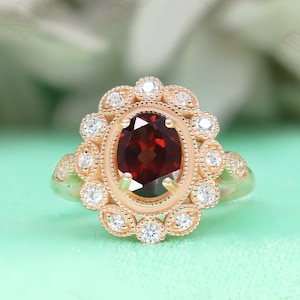 14K Rose Gold 925 Silver Oval Red Garnet Ring Engagement Ring Gift For Wife Art Deco Halo Ring Wedding Ring Birthday Anniversary Gift