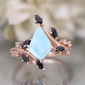 14K Rose Gold 925 Silver Kite Natural Larimar Ring Engagement Ring Gift For Wife Art Deco Ring Wedding Ring Birthday Anniversary Gift