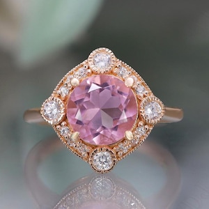 Bague de fiançailles ronde morganite rose en argent 925 plaqué or rose 14 carats cadeau pour femme bague art déco bague de mariage anniversaire cadeau d&#39;anniversaire