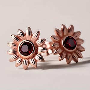 14K Rose Gold 925 Silver Round Red Garnet Flower Earrings Engagement Gift Wedding Earrings Birthday Gift Floral Earrings Flower Studs