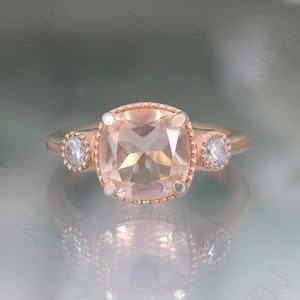 925 Silver 14K Rose Gold Plated Cushion Morganite Engagement Ring Gift For Wife Art Deco Ring Wedding Ring Birthday Anniversary Gift
