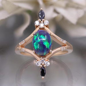 14K Rose Gold 925 Silver Oval Peacock Opal Ring Engagement Ring Gift For Wife Fire Opal Art Deco Ring Wedding Ring Birthday Anniversary Gift
