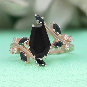 14K Rose Gold 925 Silver Coffin Natural Black Onyx Ring Engagement Ring Gift For Wife Halo Ring Wedding Ring Birthday Anniversary Gift