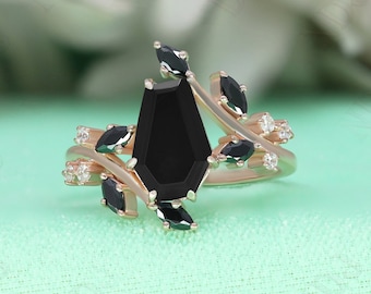 14K Rose Gold 925 Silver Coffin Natural Black Onyx Ring Engagement Ring Gift For Wife Halo Ring Wedding Ring Birthday Anniversary Gift
