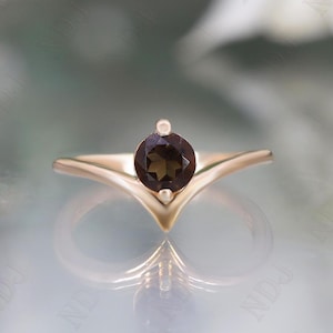 14K Rose Gold 925 Silver Round Natural Smokey Quartz Ring Engagement Ring For Wife Wedding Ring Birthday Gift Dainty Solitaire Ring