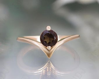 14K Rose Gold 925 Silver Round Natural Smokey Quartz Ring Engagement Ring For Wife Wedding Ring Birthday Gift Dainty Solitaire Ring