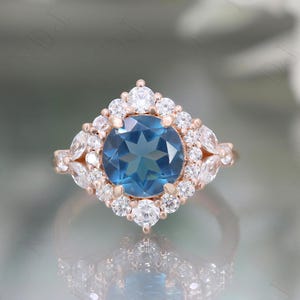 14K Rose Gold 925 Silver Round London Blue Topaz Ring Engagement Ring Gift For Wife Ring Wedding Ring Birthday Gift Art Deco Halo Ring