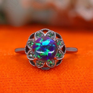 925 Silver Black Rhodium Plated Round Peacock Opal Engagement Ring Gift For Wife Halo Ring Wedding Ring Birthday Anniversary Gift