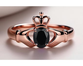 14K Rose Gold 925 Silver Oval Natural Black Onyx Ring Engagement Ring Gift For Wife Claddagh Ring Wedding Ring Birthday Anniversary Gift