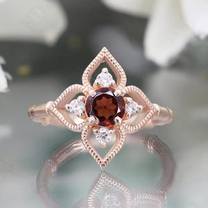14K Rose Gold 925 Silver Round Natural Red Garnet Ring Engagement Ring Gift For Wife Ring Wedding Ring Birthday Gift Dainty Promise Ring