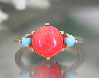 14K Rose Gold 925 Silber Rund Rosa Opal Ring Verlobungsring Geschenk für Frau Feueropal Solitär Ring Hochzeit Ring Geburtstag Jahrestag Geschenk