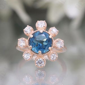 14K Rose Gold 925 Silver Round London Blue Topaz Ring Engagement Ring Gift For Wife Ring Wedding Ring Birthday Gift Art Deco Halo Ring