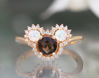 925 Silver 14K Rose Gold Plated Round Smokey Quartz Engagement Ring Gift For Wife Dainty Ring Halo Wedding Ring Mickey Mouse Ring Gift