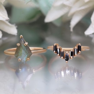 14K Rose Gold 925 Silver Kite Natural Labradorite Ring Set Engagement Ring Set Gift For Wife Wedding Ring Set Birthday Anniversary Gift