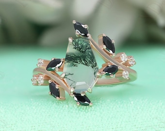 14K Rose Gold 925 Silver Coffin Natural Moss Agate Ring Engagement Ring Gift For Wife Art Deco Ring Wedding Ring Birthday Anniversary Gift
