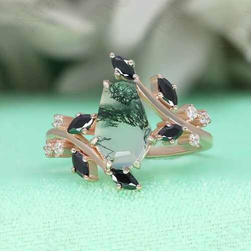 Bague en or rose 14 carats cercueil en argent 925 avec agate mousse naturelle, bague de fiançailles, cadeau pour femme, bague art déco, bague de mariage, cadeau d'anniversaire