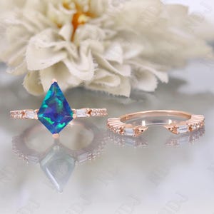 14K Rose Gold 925 Silver Kite Peacock Opal Ring Set Engagement Ring Set Gift For Wife Fire Opal Wedding Ring Set Birthday Anniversary Gift