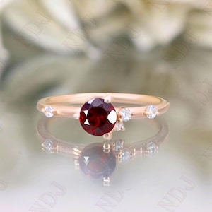 14K Rose Gold 925 Silver Round Natural Red Garnet Ring Engagement Ring Gift For Wife Ring Wedding Ring Birthday Gift Dainty Promise Ring