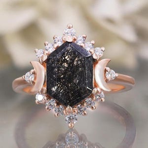 14K Rose Gold 925 Silver Hexagon Natural Black Rutile Ring Engagement Ring Gift For Wife Halo Ring Wedding Ring Birthday Anniversary Gift