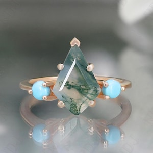14K Rose Gold 925 Silver Kite Natural Moss Agate Ring Engagement Ring Gift Turquoise Ring Wedding Ring Birthday Anniversary Gift