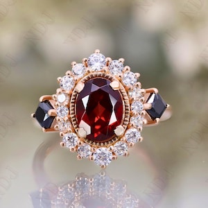 14K Rose Gold 925 Silver Oval Red Garnet Ring Engagement Ring Gift For Wife Halo Ring Wedding Ring Birthday Anniversary Gift
