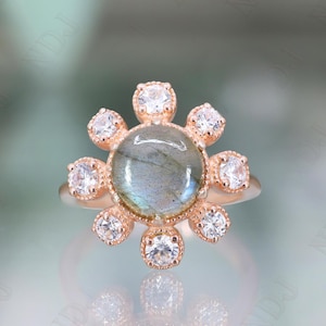 Anillo de compromiso de labradorita en plata 925 y oro rosa de 14 quilates, regalo para esposa, anillo Art Deco, anillo de bodas, regalo de aniversario de cumpleaños, anillo de promesa
