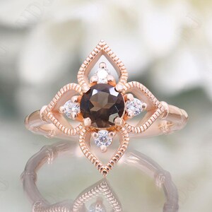 14K Rose Gold 925 Silver Round Natural Smokey Quartz Ring Engagement Ring For Wife Wedding Ring Birthday Gift Dainty Solitaire Ring