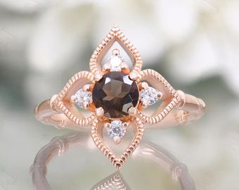 14K Rose Gold 925 Silver Round Natural Smokey Quartz Ring Engagement Ring For Wife Wedding Ring Birthday Gift Dainty Solitaire Ring