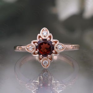 14K Rose Gold 925 Silver Round Natural Red Garnet Ring Engagement Ring Gift For Wife Ring Wedding Ring Birthday Gift Dainty Promise Ring