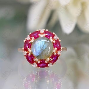 Anillo de compromiso de labradorita en plata 925 y oro rosa de 14 quilates, regalo para esposa, anillo Art Deco, anillo de bodas, regalo de aniversario de cumpleaños, anillo de promesa