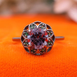 925 Silver Black Rhodium Plated Round Alexandrite Engagement Ring Gift For Wife Halo Ring Wedding Ring Birthday Anniversary Gift