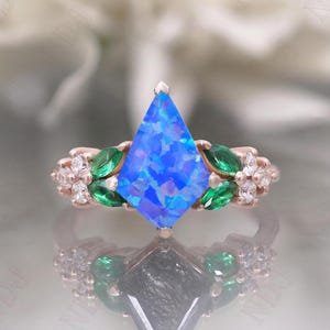 14K Rose Gold 925 Silver Kite Blue Opal Ring Engagement Ring Gift For Wife Fire Opal Halo Ring Wedding Ring Birthday Anniversary Gift
