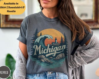 Comfort Colors Michigan Crewneck Shirt, Retro Surfing Ocean Wave Graphic, Lighthouse Design Sweatshirt Hoodie