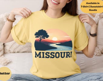 Comfort Colors unisex Missouri-t-shirt, retro solnedgångsträdgrafik med flodmotiv, scenisk mellanvästern-tröja med huva